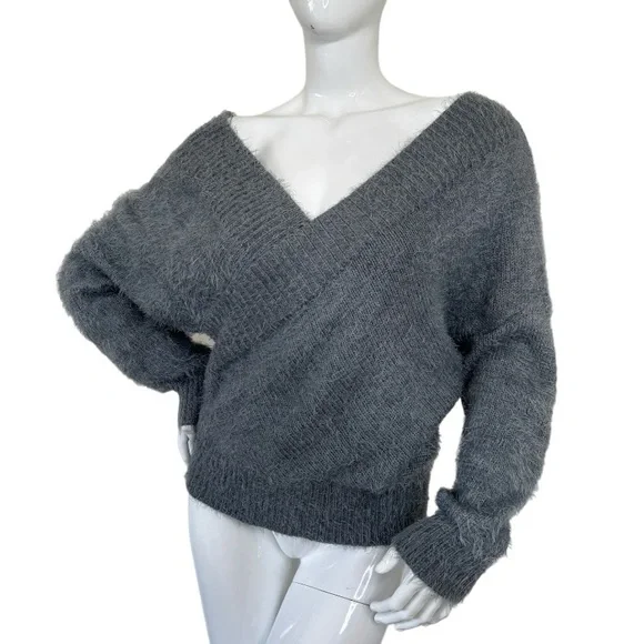 Fashion on Earth Anthro Open Back Fuzzy Eyelash Sweater top faux wrap grey M MD - Picture 4 of 17